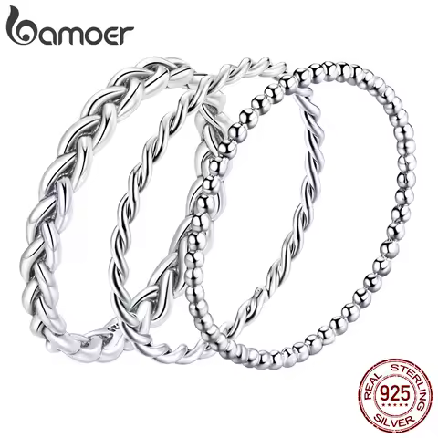 BAMOER 925 Sterling Silver Braided Rope Twisted Band Ring Stackable Cross Eternity Rings for Women Minimalist Retro Party Gift