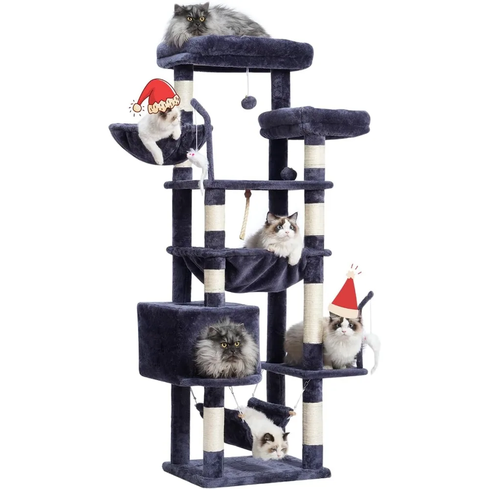 

Cat Tree Tower for Large Cats with 2 Big Platforms, 2 Baskets, Condo and Toys, for Indoor Toys, Smoky, 63" Cat Scratching Posts