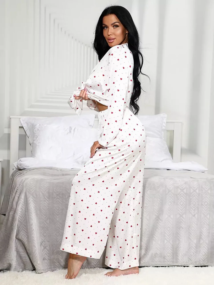 Hiloc Elegant Print Satin Long Pants Sleepwear Women Long Sleeve Loose Shirts Pajama White Ealstic Waist Night Wears Female 2024