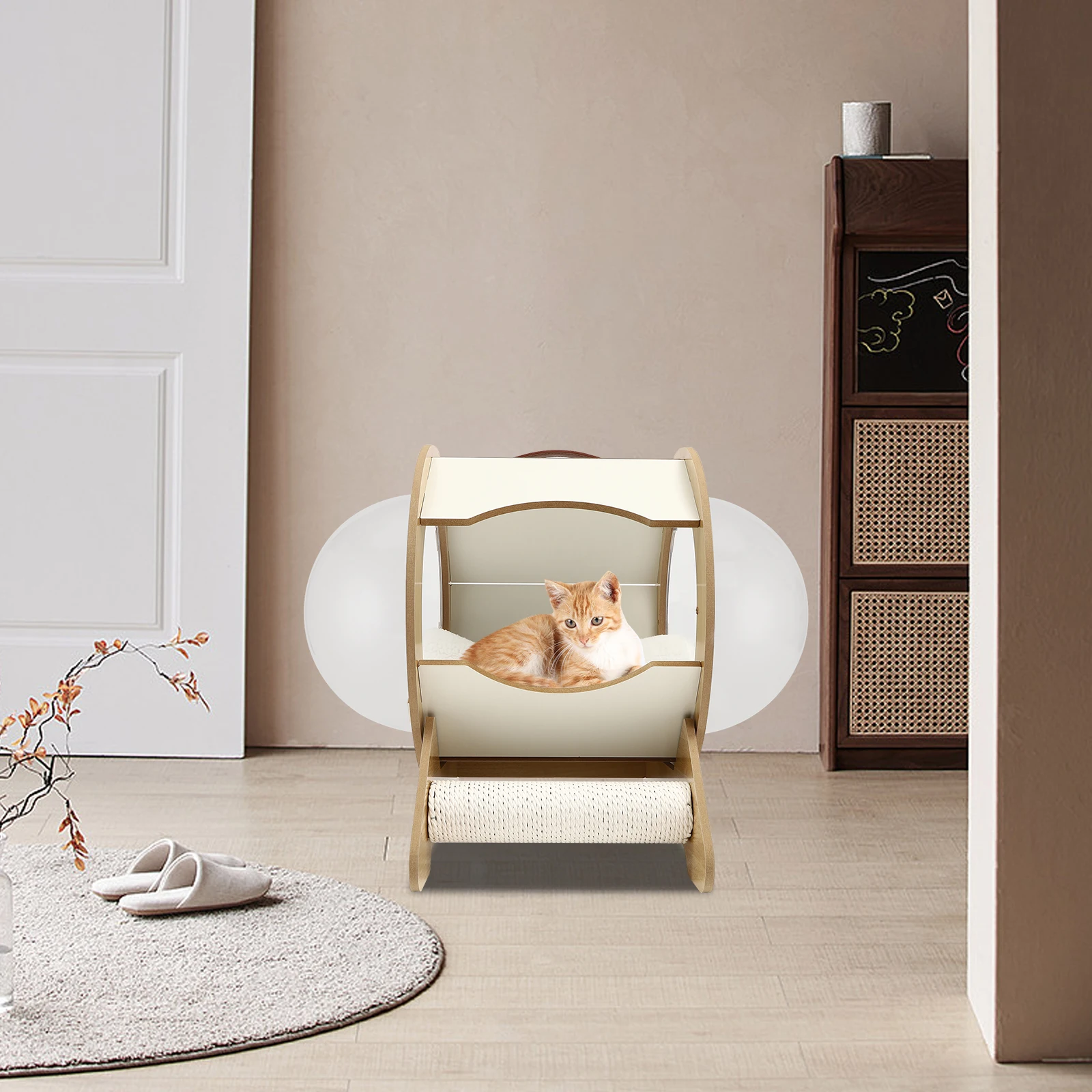 MDF Modern Pet Bed House, Spaceship Space Capsule with Cushion, Cat and Dog