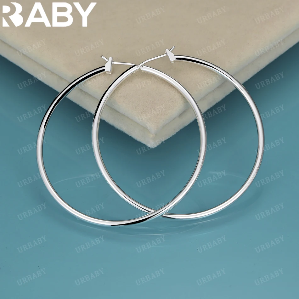 

URBABY 925 Sterling Silver 50MM Round Hoop Earrings For Woman Engagement Party Fashion Charm Jewelry Gift