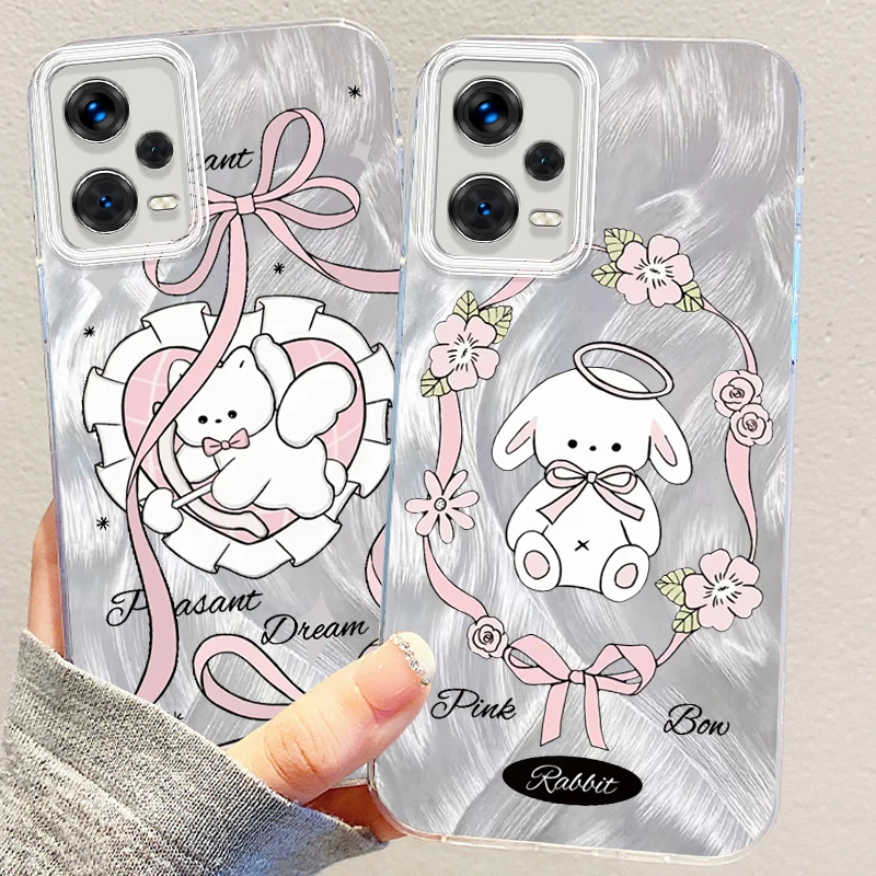 

Girl Pink Princess Cute Rabbit For Xiaomi Redmi Note 13 12 11 11S 10 10S 9 9S 8 Pro Plus Max 5G Feather Yarn Soft Phone Case