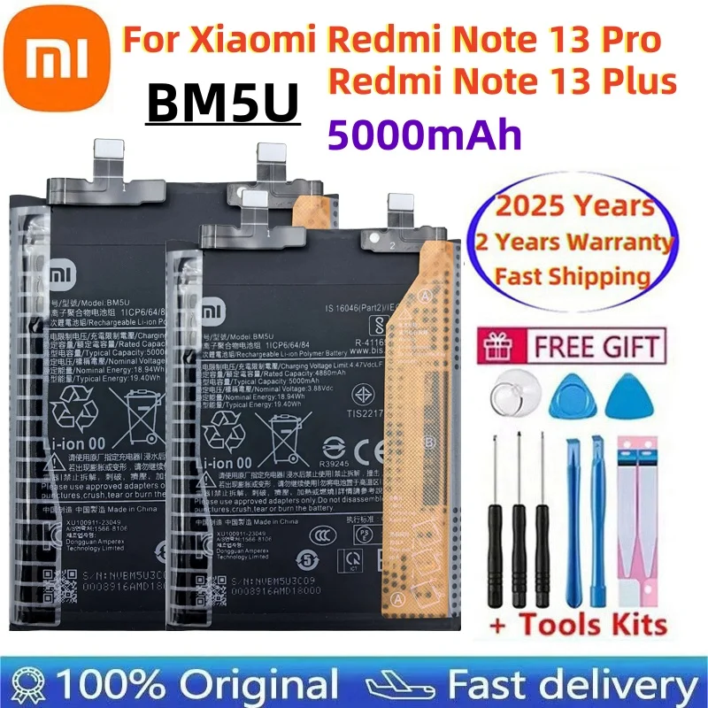 

2025 Years 100% Original BM5U 5000mAh Battery For Xiaomi Redmi Note 13 Pro Plus / Note 13 Pro+ Phone Batteries Fast Shipping