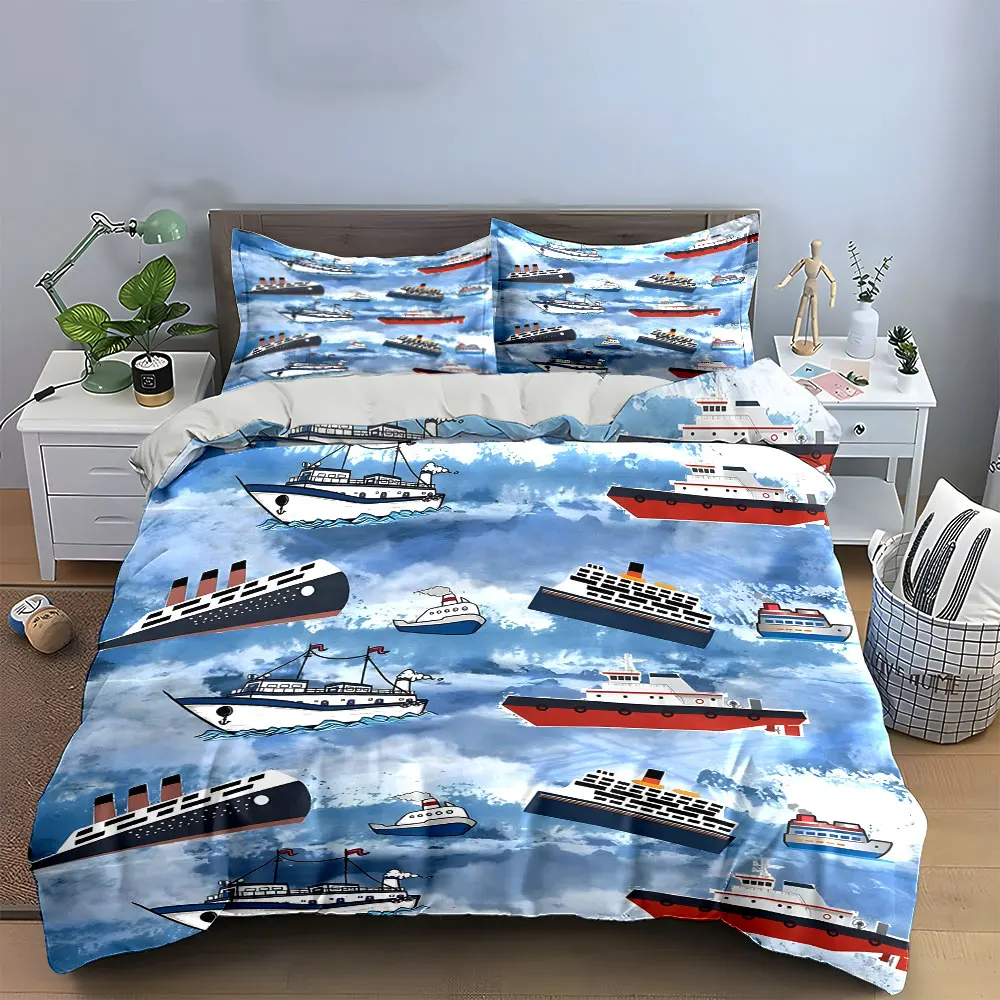 Cartoon Ship Pattern Three-Piece Set Multiple sizes kid's and adults' bedroom Exquisite 3PC bedding set, gift