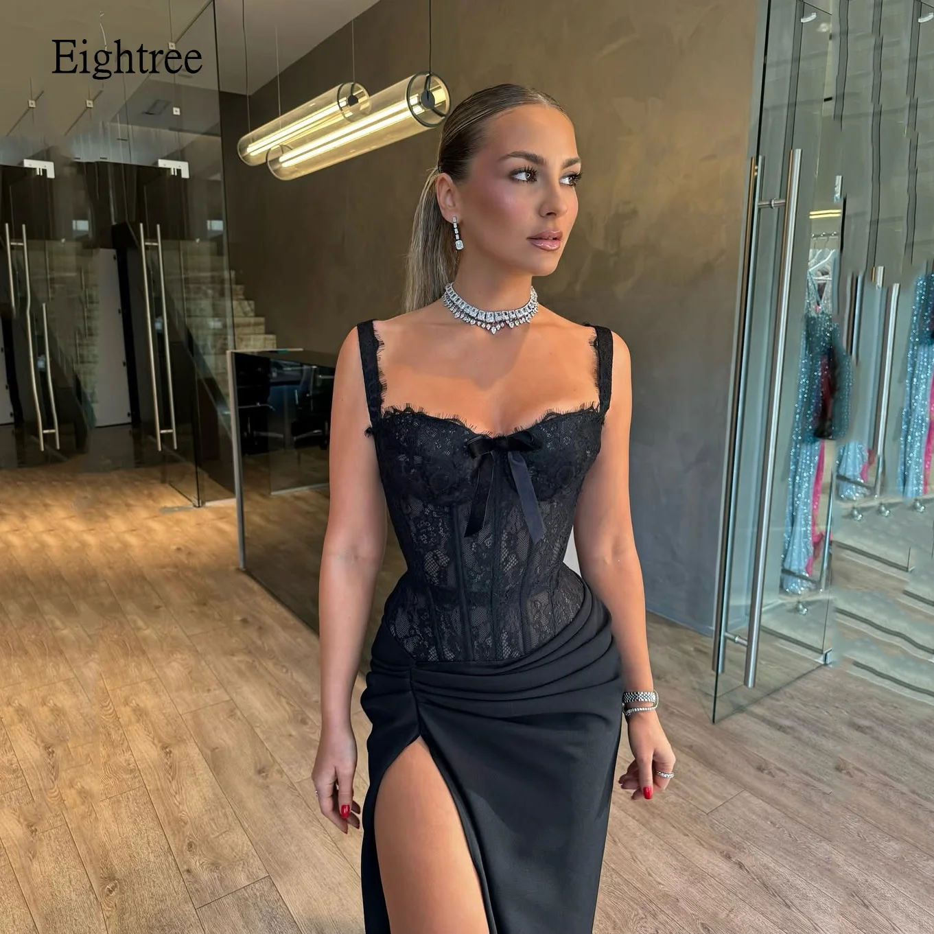 

Eightree Sexy Black Mermaid Prom Gowns Lace Sweetheart Neck Formal Party Gown Side Slit Floor Length Evening Dress Customized