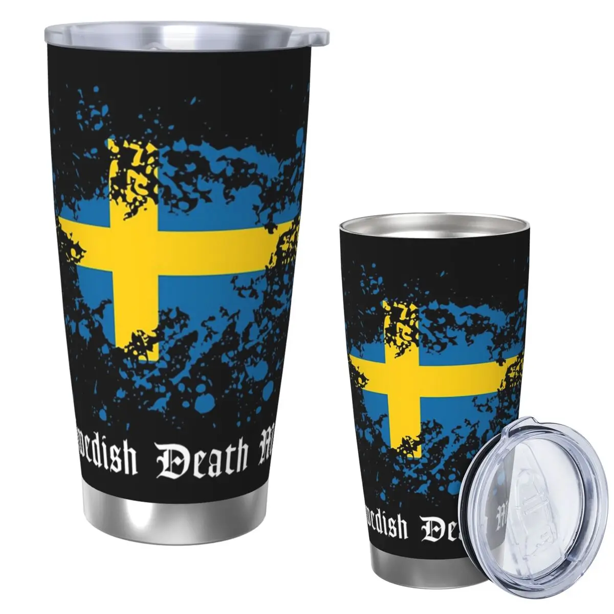 Banda de Death Metal sueca, bandera negra pesada de Suecia, vaso de acero inoxidable, taza aislada al vacío, botella térmica fría, paja de 20oz