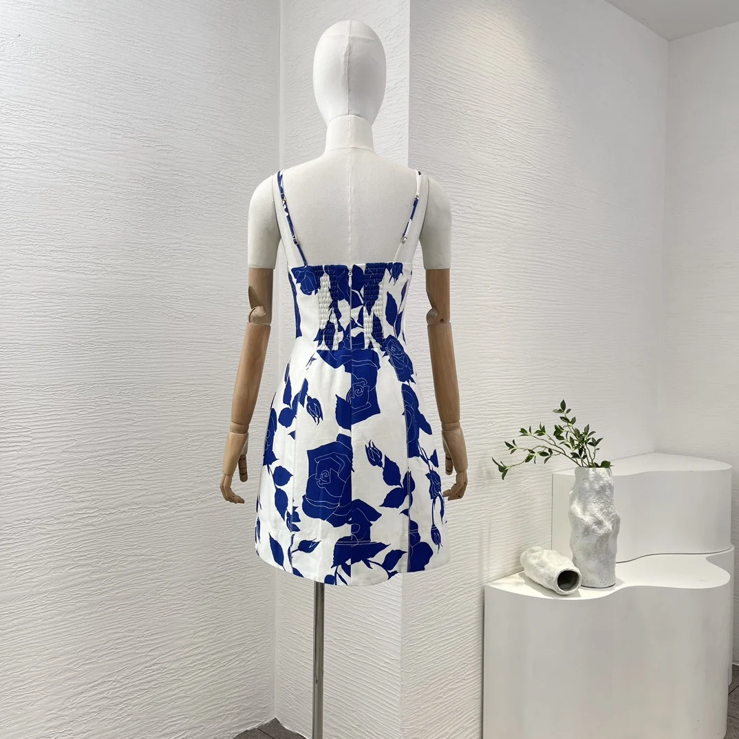 Blue Rose Flower Print Sleeveless Tube Mini Dress