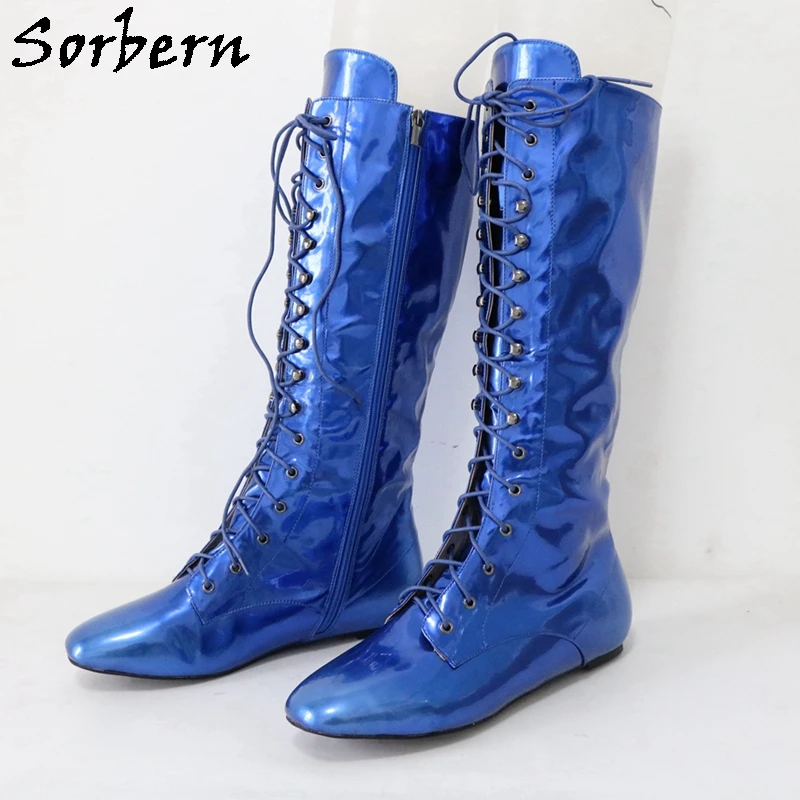 Sorbern Punk Style Metallic Red Boots Unisex Style Flat Heel Larg Size Lace Up Knee High Boot Fetish Lace Up Shoes Custom Color