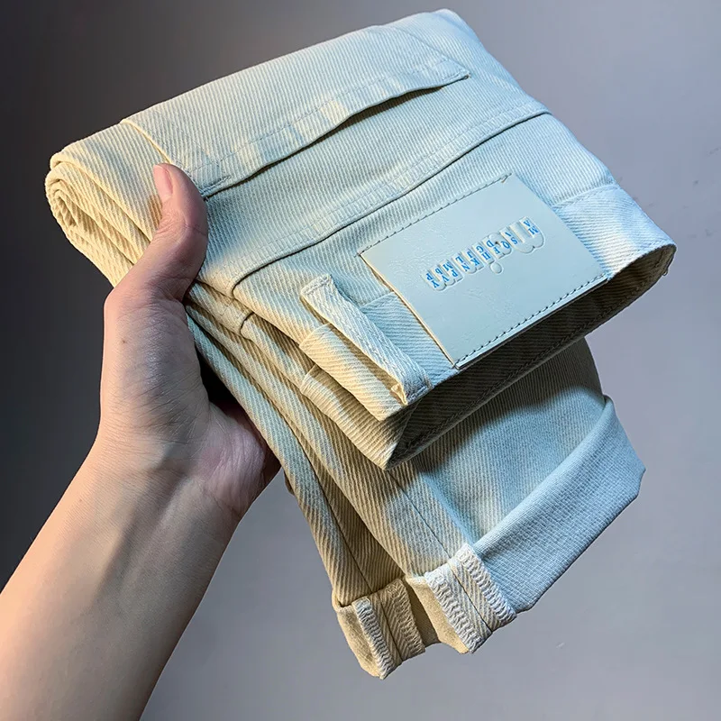 Summer thin jeans men's beige casual small straight leg simple and versatile high-end denim men's pants