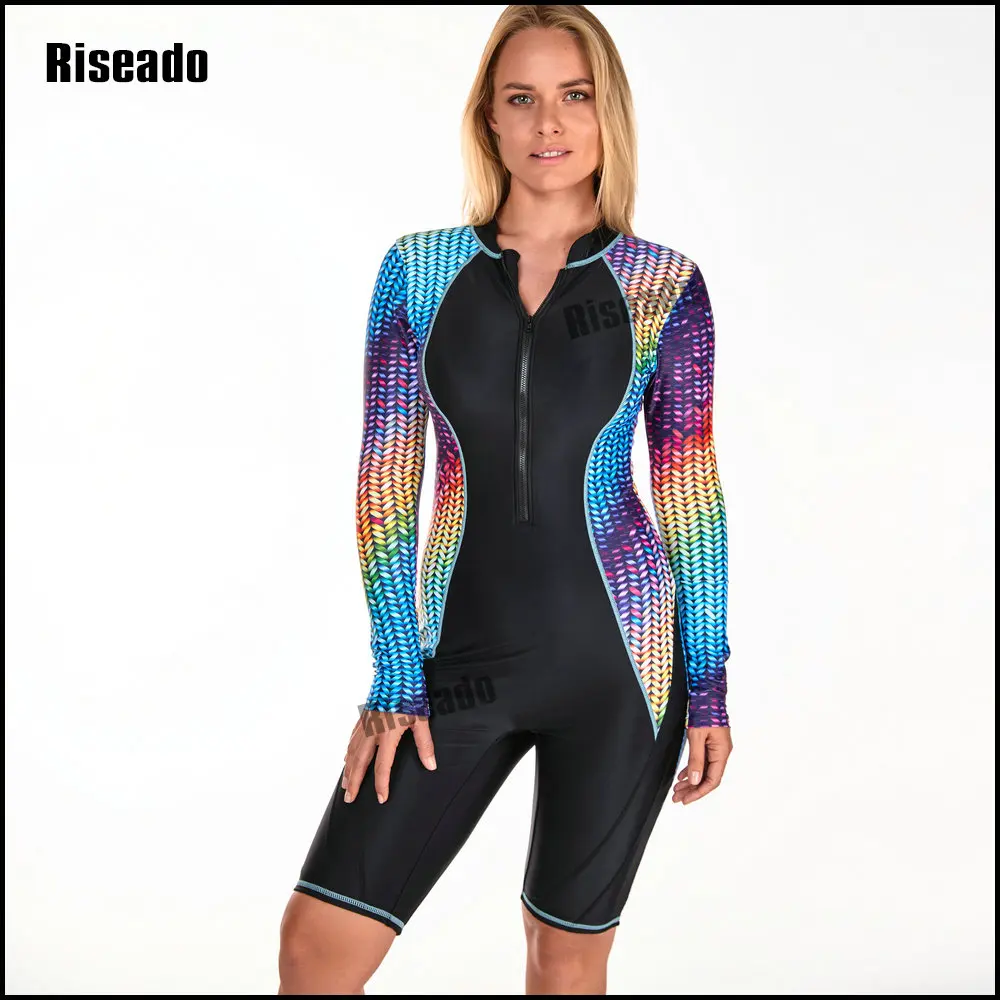 

Riseado Women's One Piece Swimsuit High Neck Long Sleeve Zip Fixed Cups Colorful Block Bathing Suit Swimming Pool Rash Guard