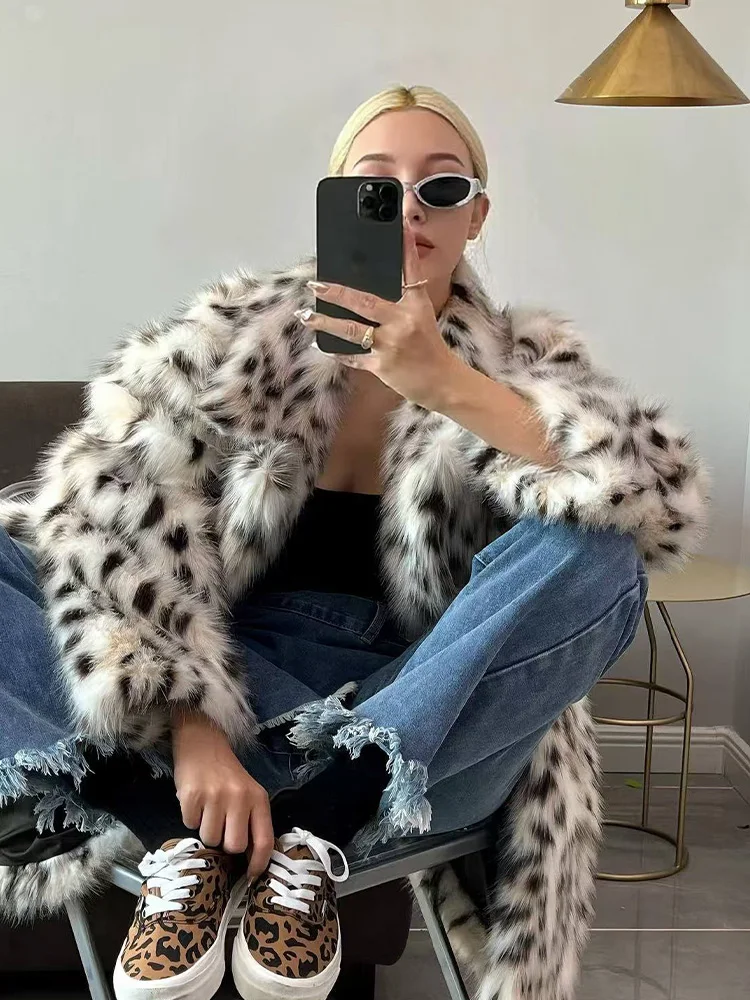 HH femmes mode col rabattu fausse fourrure veste hiver femme col haut boucle cachée poche imprimé léopard à manches longues manteau