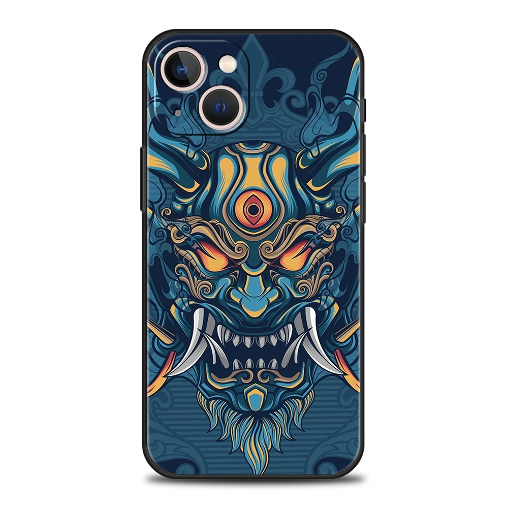 Japan Samurai Oni Mask Phone Case for iPhone 16 15 14 13 12 Pro Max 11 Pro Max 7 8 Plus XS XR Shockproof Silicone Soft Shell Bag – Detail 3