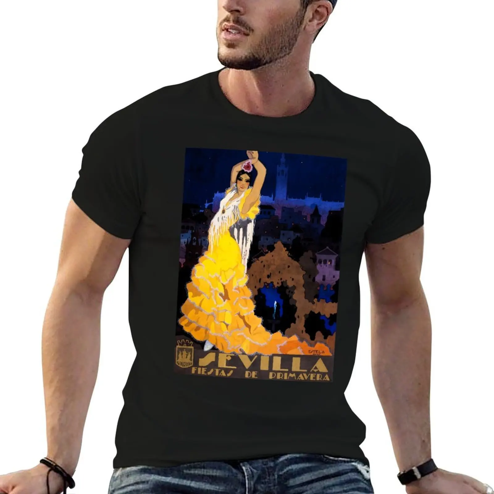 Póster de viaje vintage de Sevilla, España | Camiseta de bailarina de flamenco, ropa de trabajo, camiseta transpirable