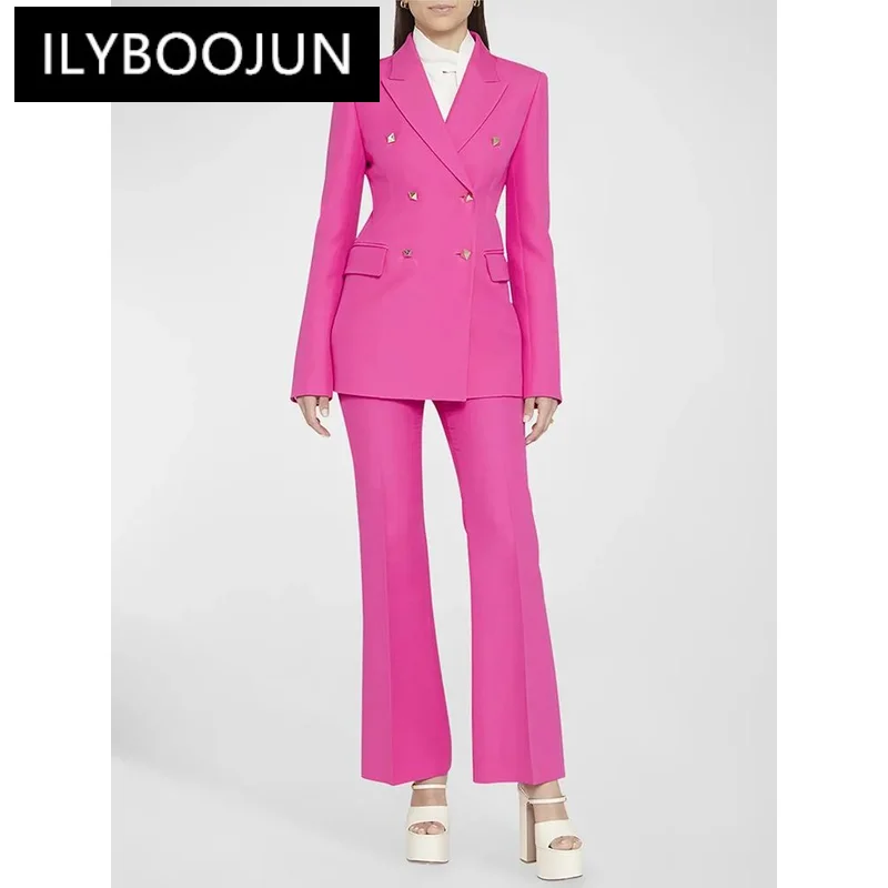 

Double Buttoned Square Buckle Set New Designer Rose Blazer Pants Suit Jacket Flare Pants Suit Two-piece Set Outfits Women