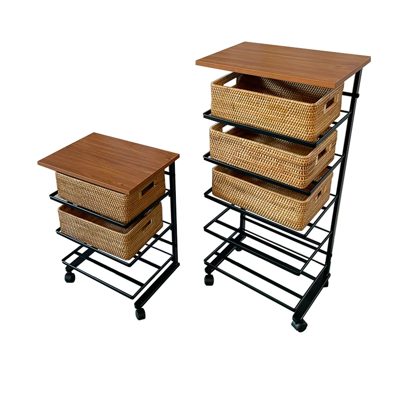 Natürliche Metall Rahmen Holz Rattan Lagerung Korb Multi Organizer Rack für Hause