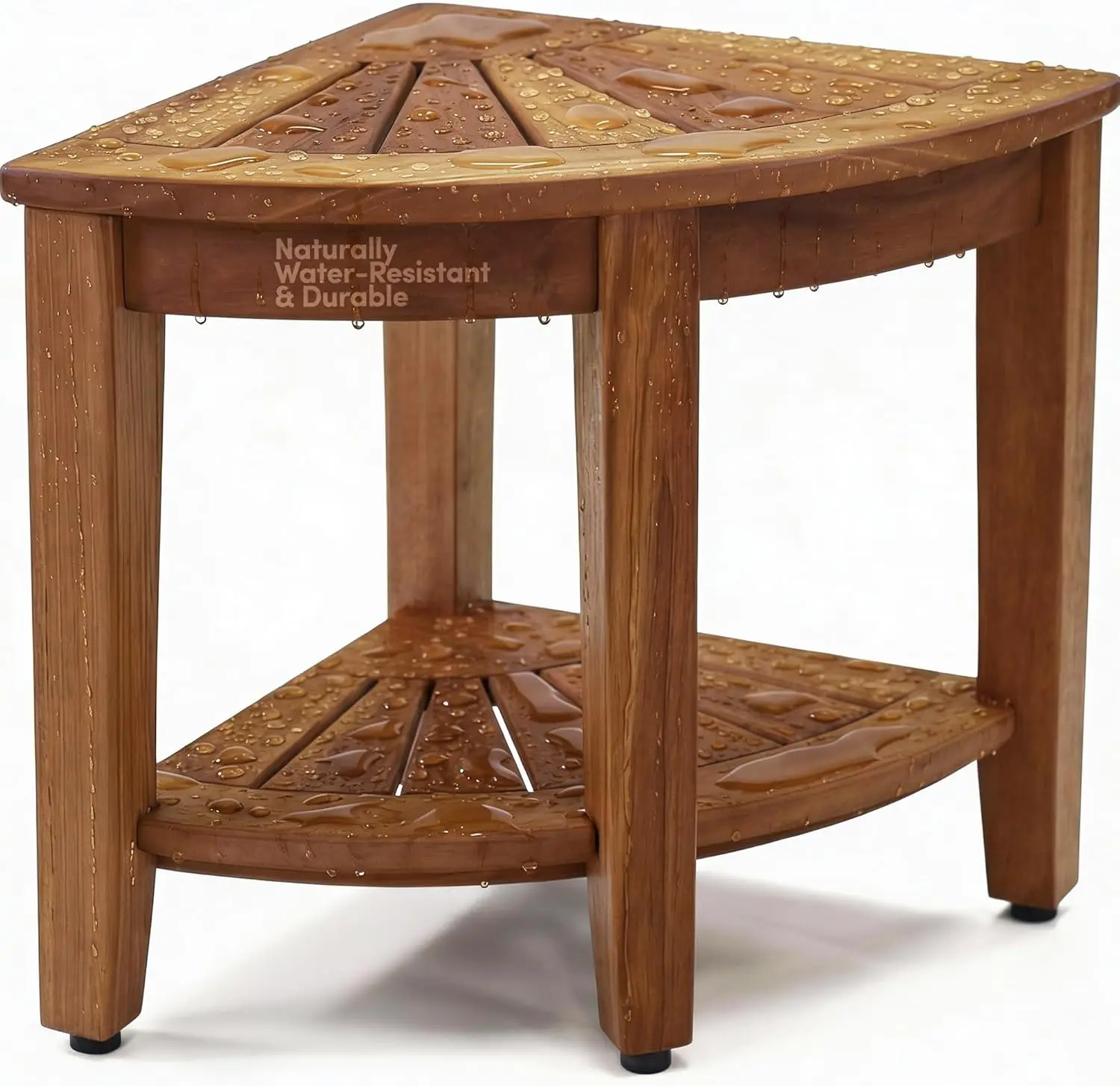 Teak Corner Shower Bench 15.5 Inches - Bathroom Stool with Storage Shelf, Water Resistant Shower Chair & Foot Rest for Shaving, Indoor Outdoor Use