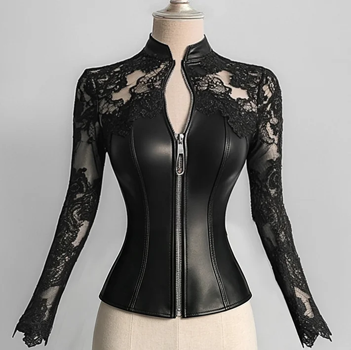 Modische PU-Lederjacke mit Spitzen-Patchwork, tailliert, kurz, Herbst, lange Ärmel, Reißverschluss, Stehkragen, Gothic-Bodycon-Mantel