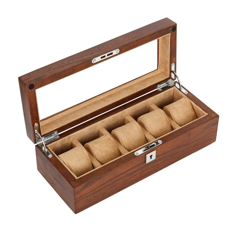 Elm pure solid wood sunroof watch box five-position mechanical watch display collection storage box with lock