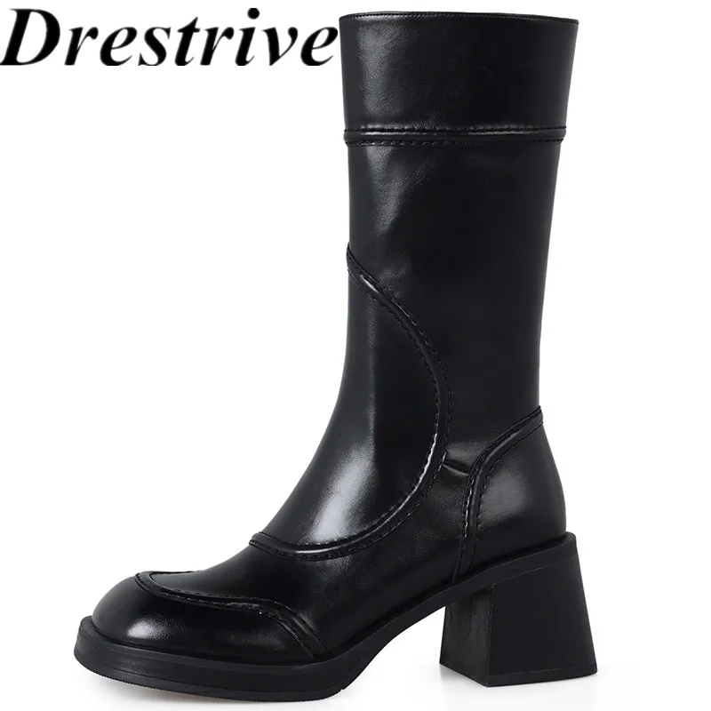 

Drestrive 2023 Fashion Women Mid Calf Boots Cow Split Leather High Thick Heels Platform Winter Shoes Zipper Top Quality Handmade