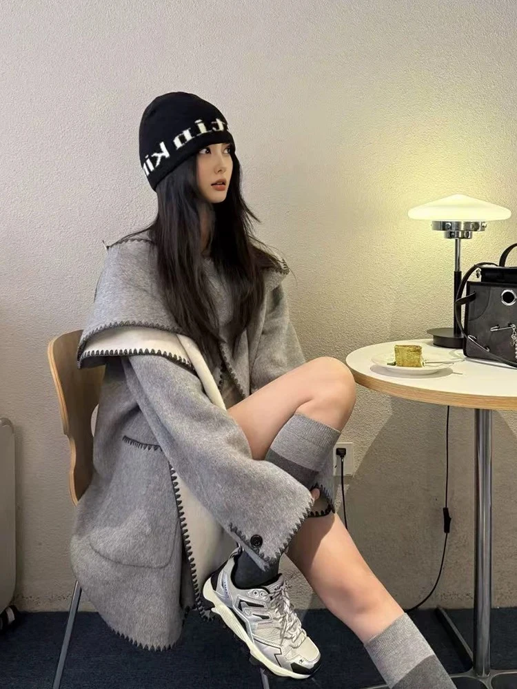 Abnehmbarer Schalkragen, Bürodame, Wolljacke, 2025, Herbst und Winter, lockere Kapuze, kurze Damenmäntel aus 100 % Wolle