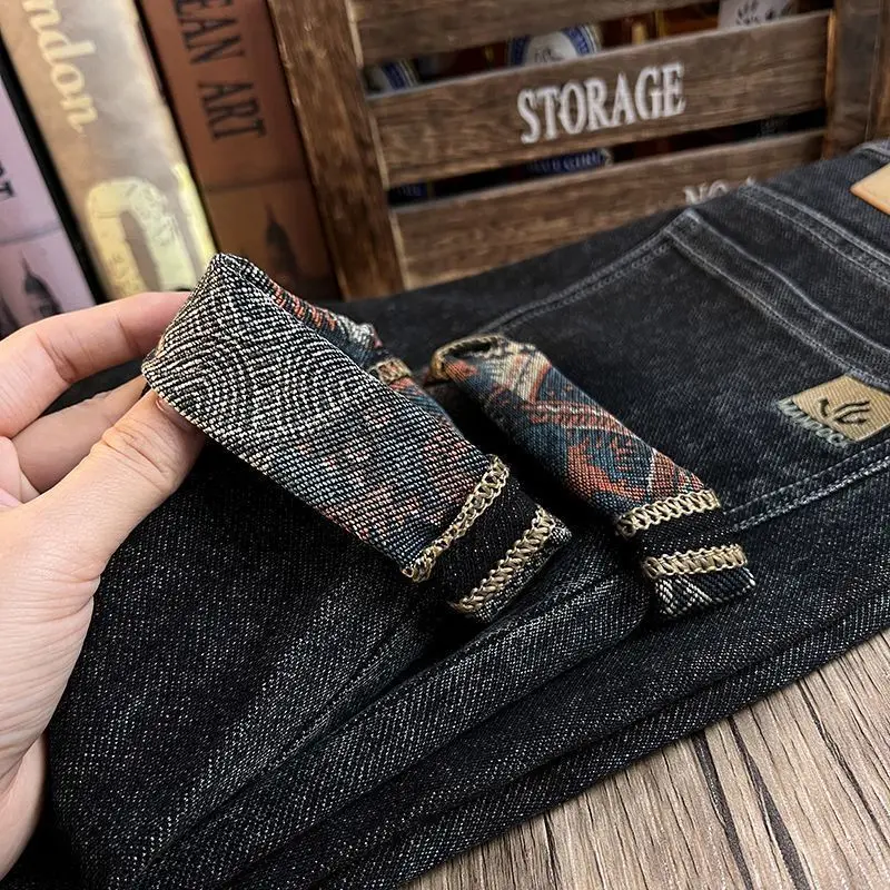Men's Pants Spring and Summer Embroidery Printing Luxury Elastic Slim Straight Pants Trendy Pants Black Men's Jeans for Men