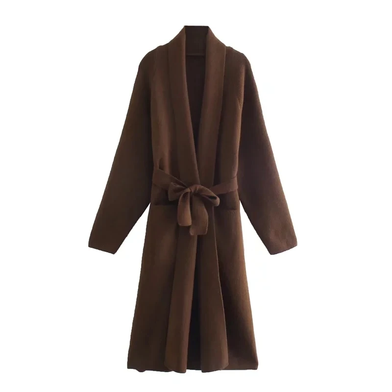 

Faionable Knitted Sweater with Belt for Women Versatile Autumn Wear Comfortable Wool Material Long Sve Mid-Length Cardigan