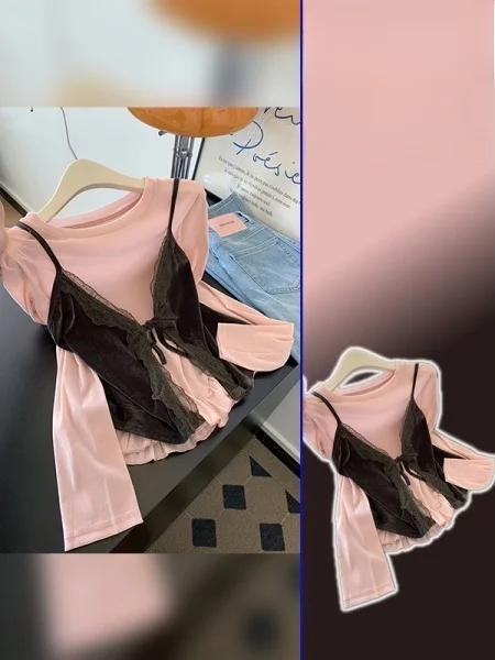 

plus Size Women's Lace Knot Strap Vest Top Pink Base irt Set Spring Faion Anti-Aging High Waist General Fit