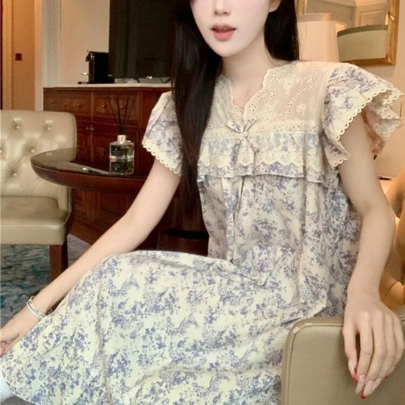 Lace Women Nightgown Sleepwear Floral Short Sleeve Night Dress Summer Bow Night Wears Korean Sleeping One Piece Pajamas 2024 New