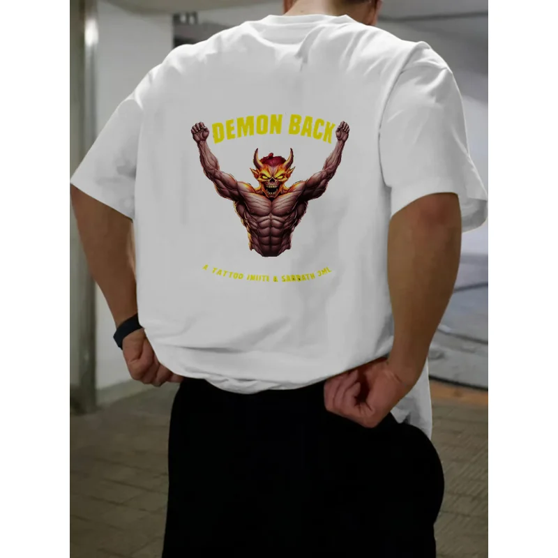 

Мужская футболка белая с принтом «Демон» сзади и текстом, хлопок высокого качества, 180 г