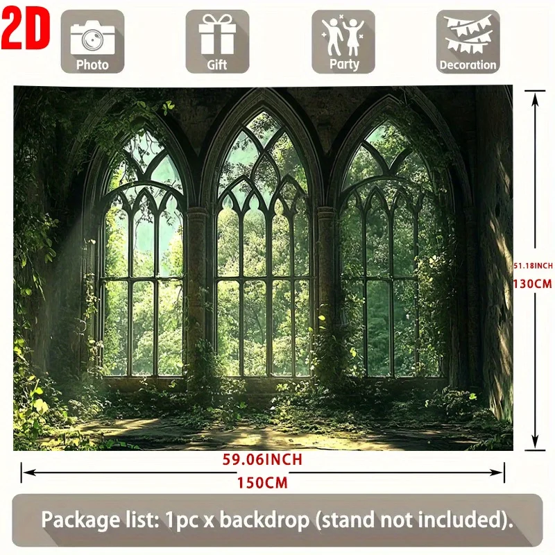 Enchaned Forest Gothic Window Backdrop Photography Photo Booth Scene Arched Archway Nature Ruin Fantasy Wall Decor Polyester Bac