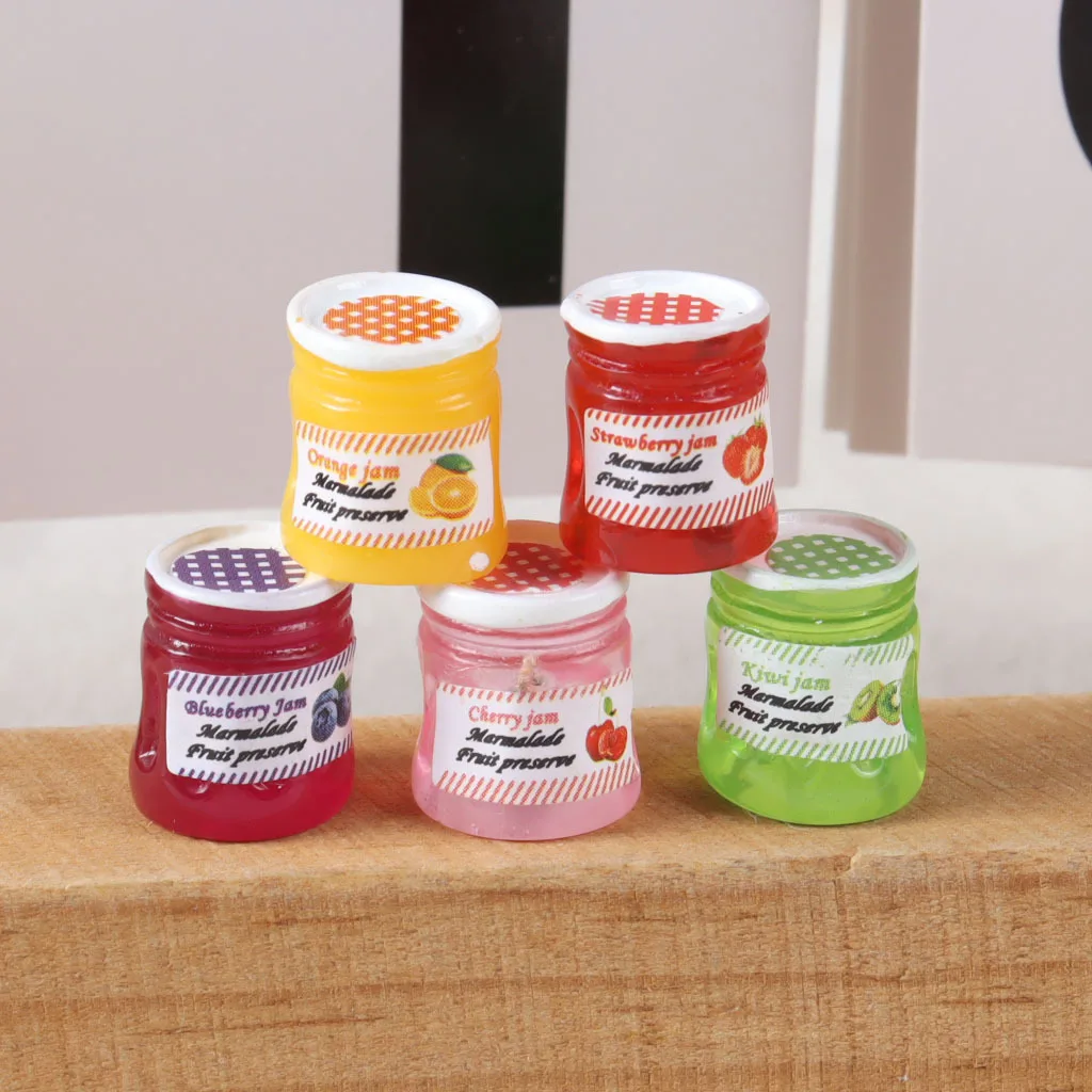 5pcs Miniature Jam Jar Resin Charms Cute Mini Jam Bottle Simulation Resin Accessories Dollhouse Fake Food Pendant Desktop Decor