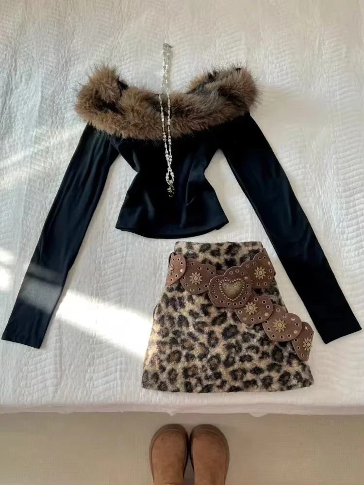 

Aesthetic Sexy Slim Long Sleeve Off Shoulder Set Women Hot Chick Vintage Black Thin Patchwork Top + Leopard Print Skirt Suit New
