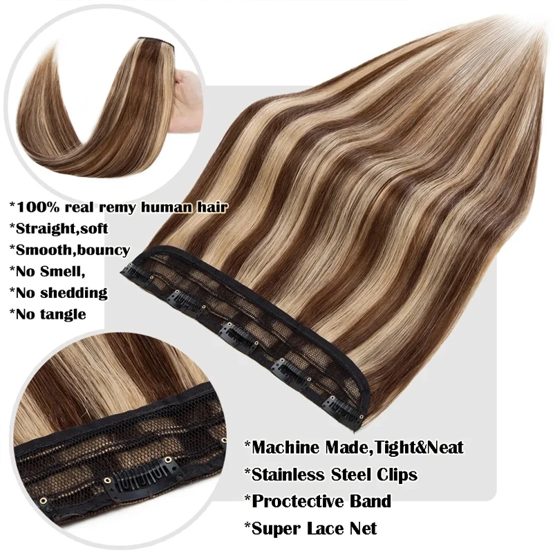 Clip In Human Hair Extensions One 5 Piece Clips Full Head-Thicker Standard Weft P4/27 Medium Brown Huamn Hair 16-26 Inches