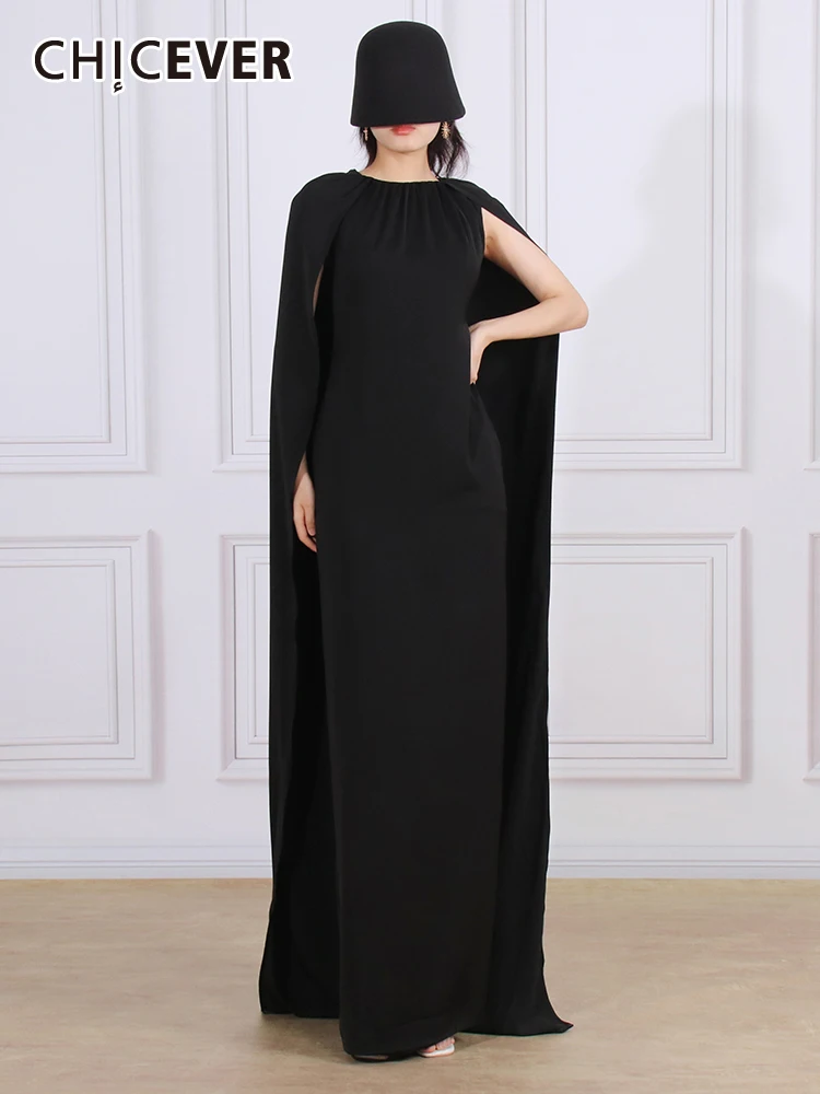 

CHICEVER Minimalist Folds Dresses For Women Round Neck Cloak Sleeve High Waist Solid Summer Temperament Maxi Dress Female 2023