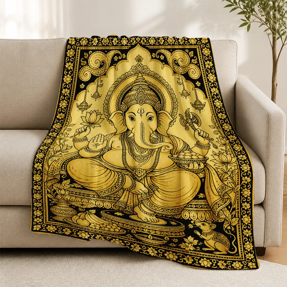 Elegant Golden Ganesh Lord Elephant Throw Blanket for Couch Sofa Hindu Spiritual Tapestry Pooja Cushion Decor India Ethnic Style