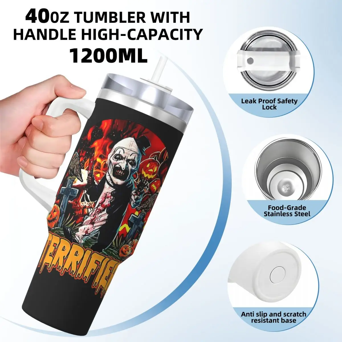 Terrifier Horror Movie Characters Tumbler Cold and Hot Water Bottle Heat Preservation Stainless Steel Coffee Mug Travel Mugs Cup