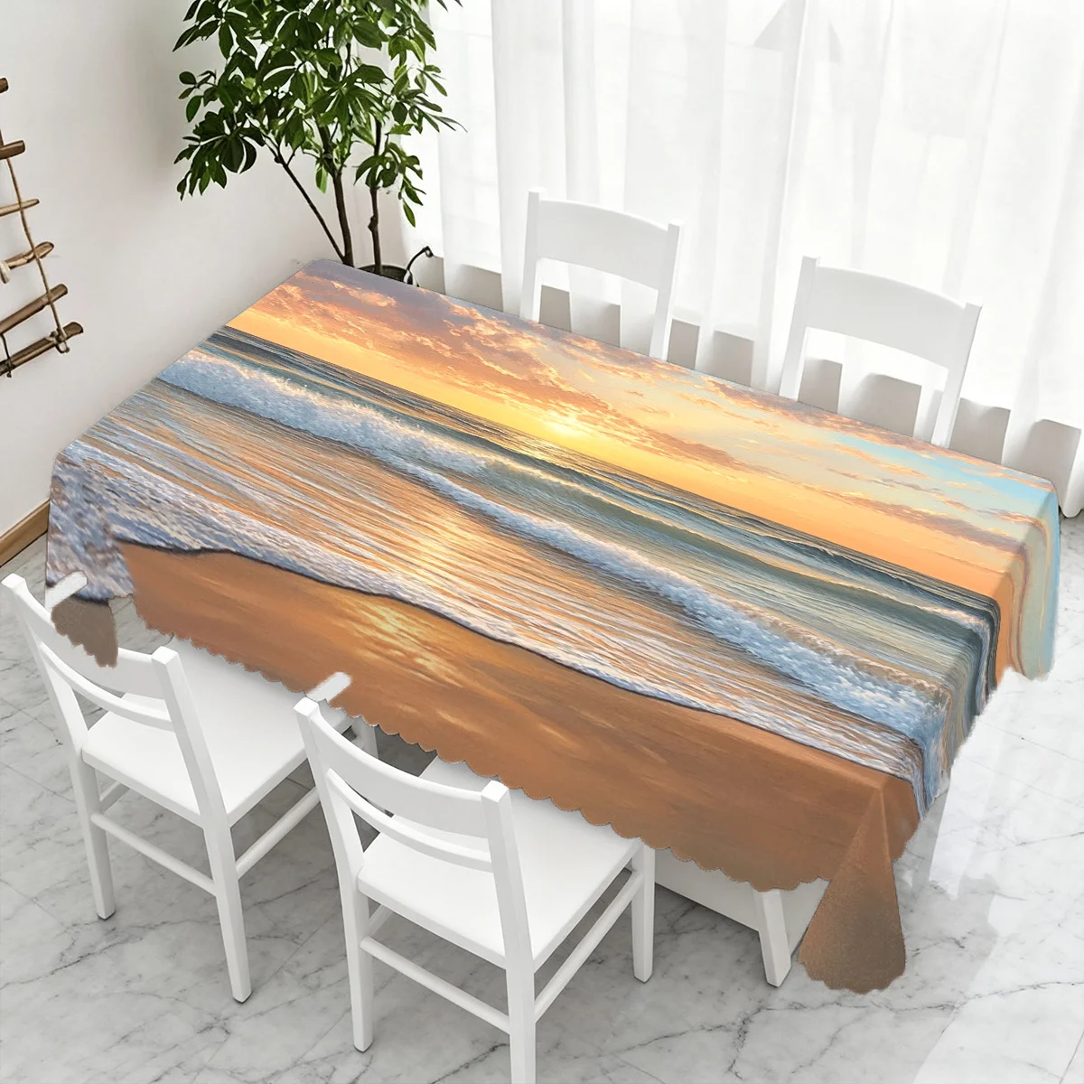 Ocean Beach Sunrise Seawave Scenery Waterproof Tablecloth, Rectangular Cover for Home Dining Coastal Summer Themed Party Decor