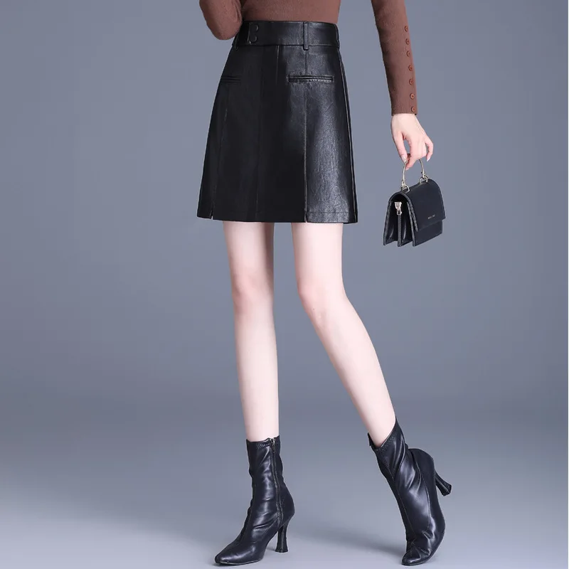 

Washed PU Leather A-line Bodycon Short Skirt Autumn Winterr Women Elegant Chic Slim Casual High Waist Black Mini Skirts 4XL 8229