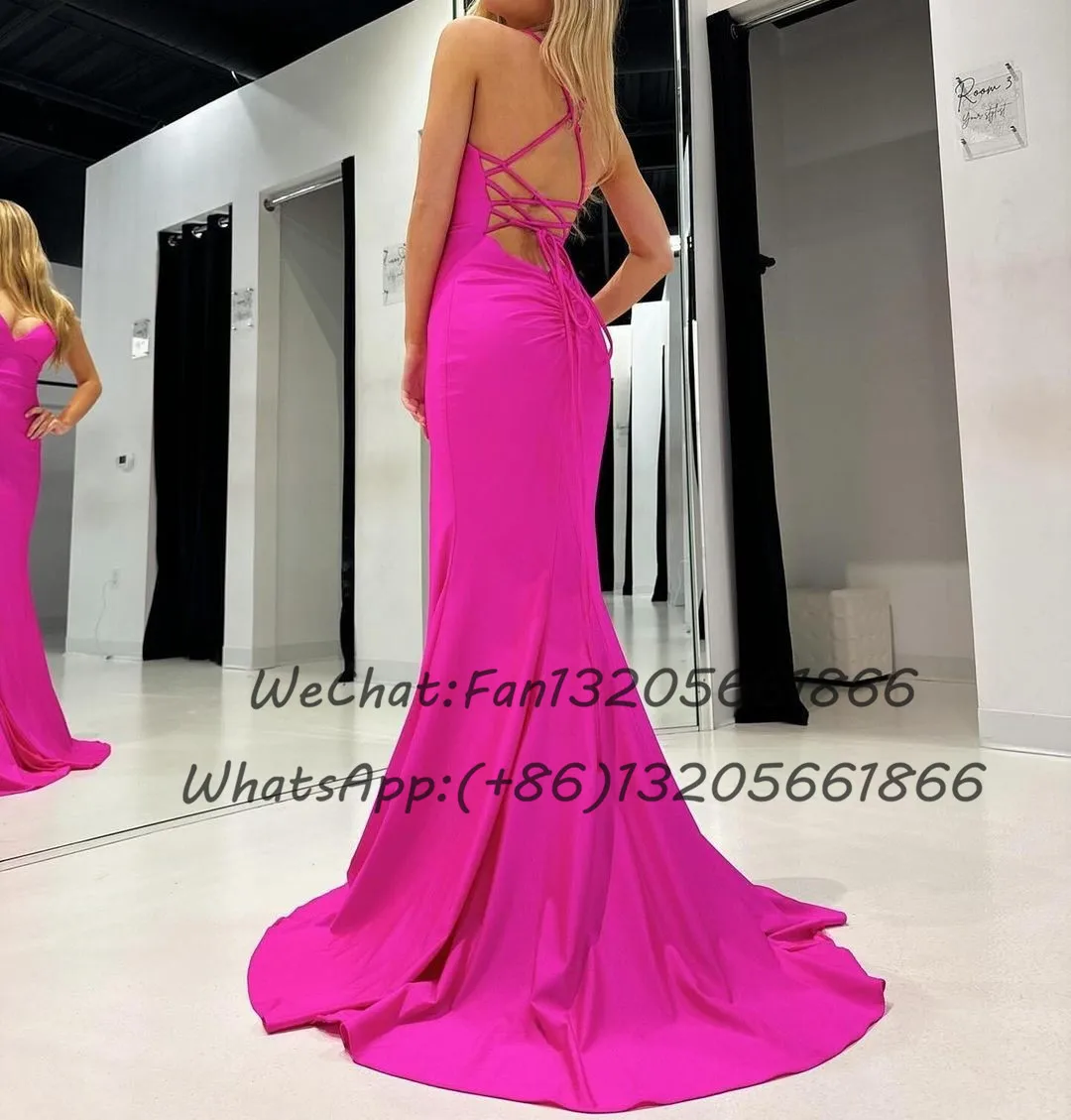 Sexy Criss-cross Backless Bridesmaid Dresses Hot Pink Long Mermaid Slit V-neck Wedding Guest Dress Women Prom Party Gown