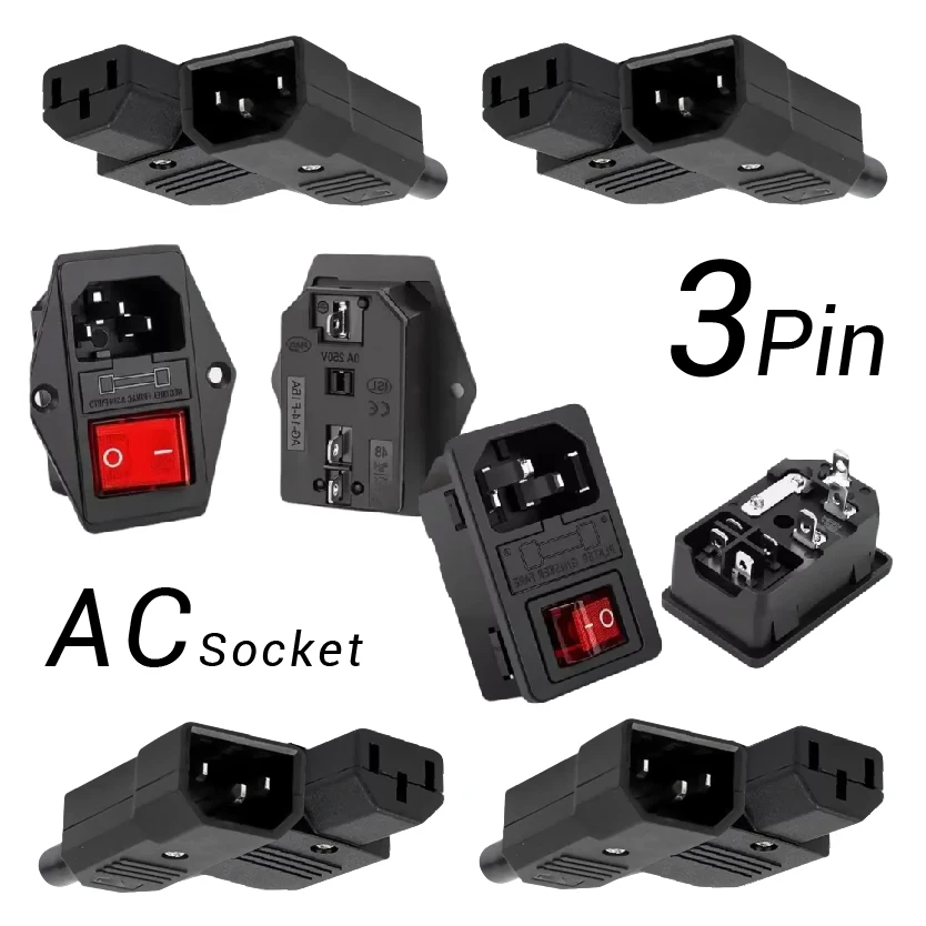 

Rocker Switch 3 Pin AC Power Socket Fuse IEC320 C13 C14 Male Female Connector 10A 250VAC LED