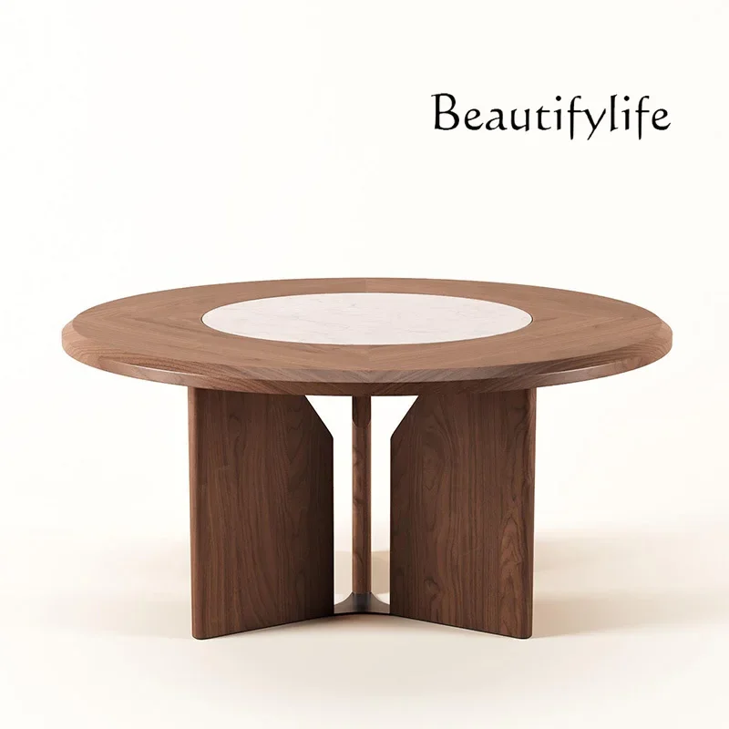 N40 Italian minimalist round solid wood dining table premium sense wabi style retro marble turntable dining table