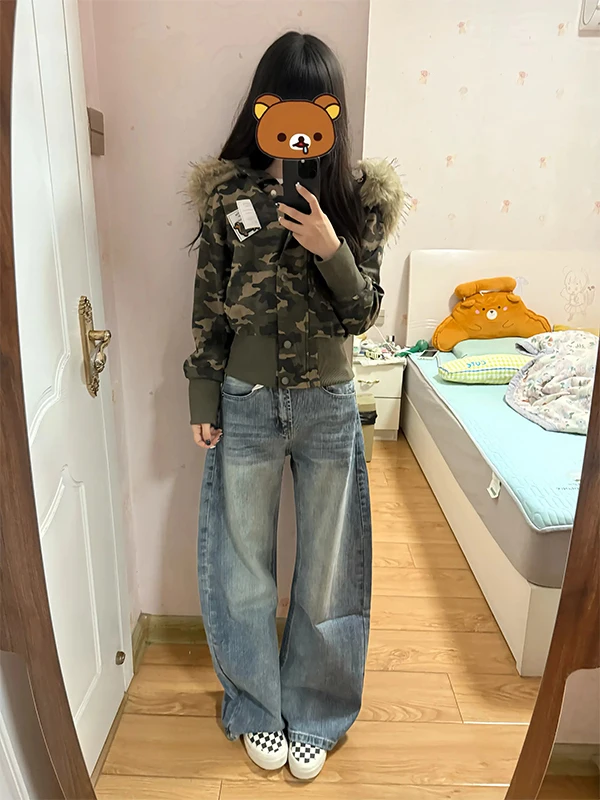 

American Retro Blue Bamboo Pattern Men's Jeans Straight Leg Loose Fit Casual Trousers Wear Resistant mid Waist Button Closure