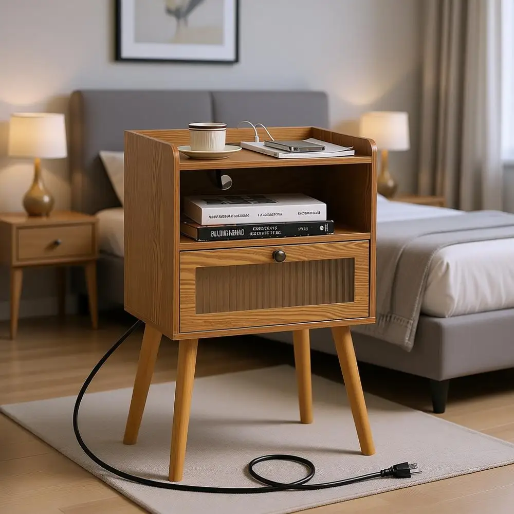 

Современная прикроватная тумбочка с зарядной станцией, приставной столик со стеклянной столешницей, двухъярусный столик для хранения вещей для спален, офисов и небольших помещений