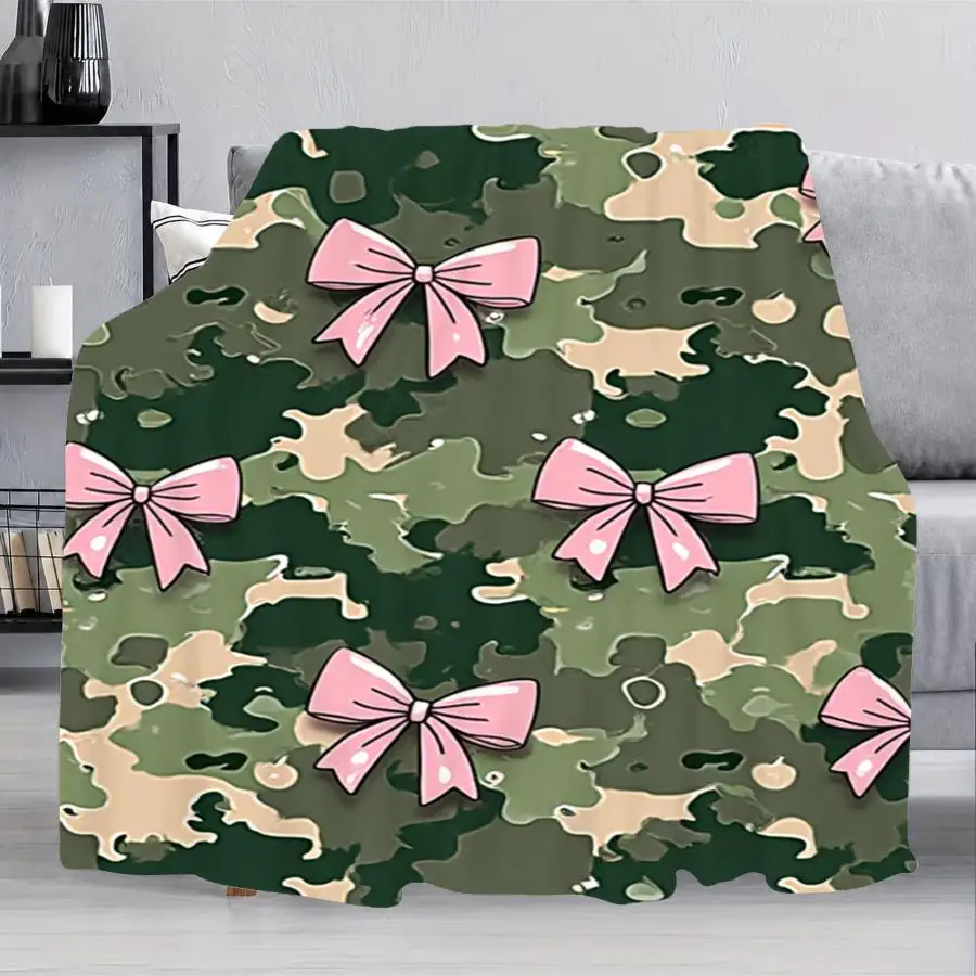 1pc Soft Flannel Cooling Blanket with Pink Bow Camo Print, Cozy Plush Throw for Halloween Decor, Large Fluffy Comfortable 280GM Perfect as Home Decoration & Holiday Gift Choice.