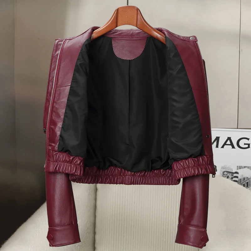 Genuine leather jacket, women's fashion short jacket, sheep leather, European goods, motorcycle, shoulder drop, small casual