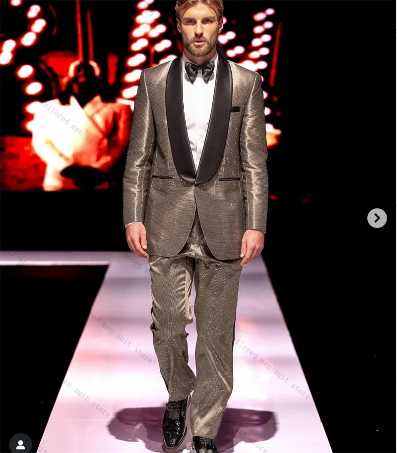 

Catwalk Shiny Men Suits Set 2 Pieces Blazer+Pants Trousers One Button Luxury Wedding Tuxedos Jacket Formal Office Male Coat