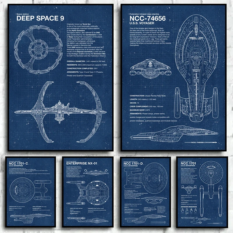 Star Trek Blueprints Canvas Prints Posters Deep Space 9 Voyager NCC Shenzhou Blueprint Pictures Canvas Wall Art for Home Decor