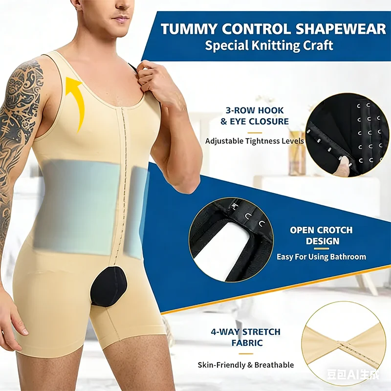 Mens Slimming Full Body Shaper Hook Closure Compression Tummy Control Shapewear Open Crotch High Stretch Corset Tight Shaping