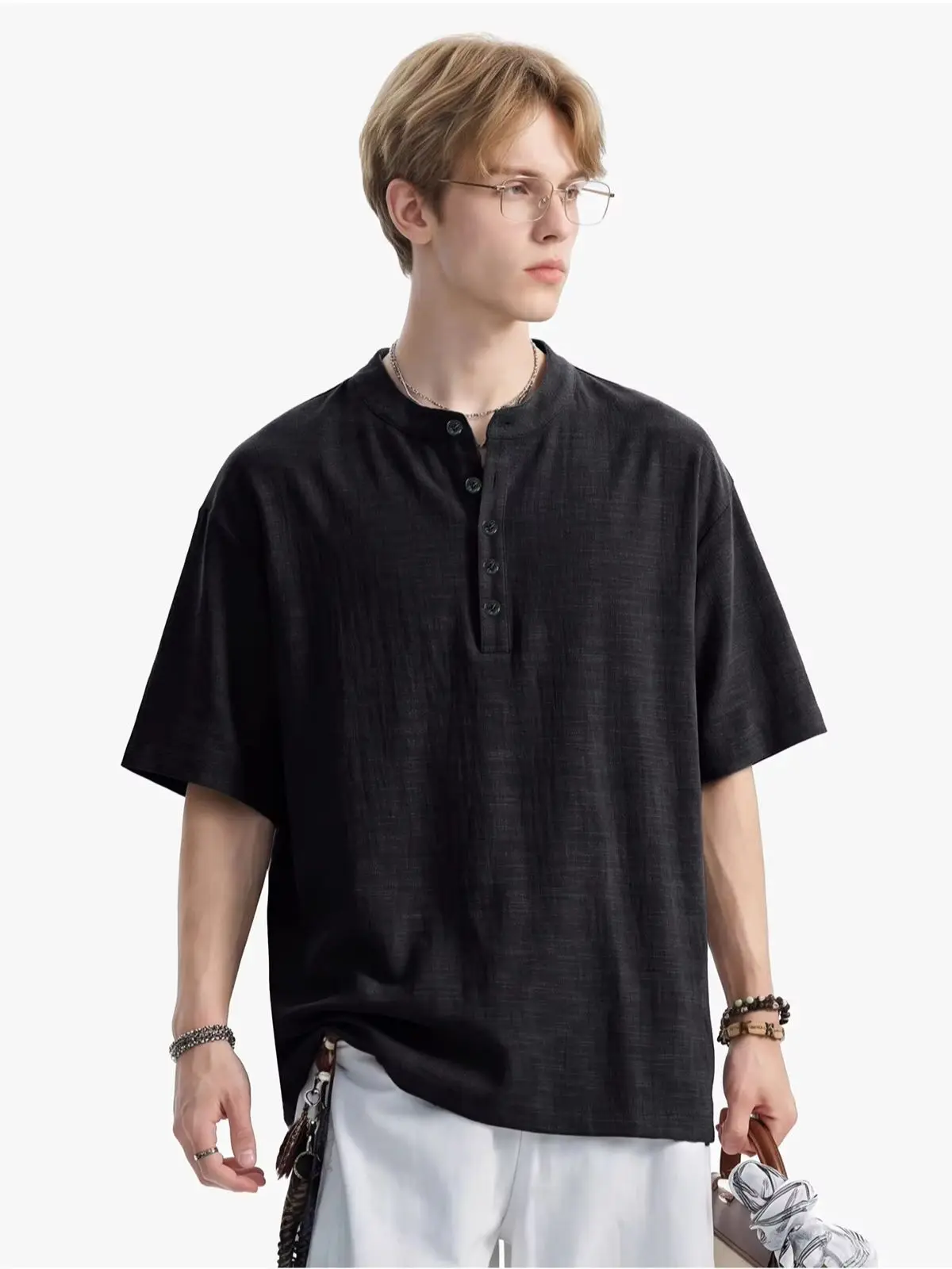 Chic Knitted Short-Sleeved Shirt for Men Breathable, Soft Relaxed-Fit Versatile Solid-Colour Oversized Shirt Jacket