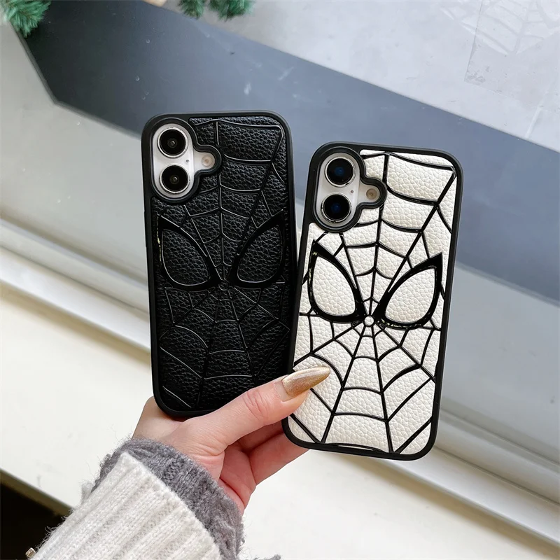 Luxury Embossing S-Spider-Man 3D Leather Silicone Phone Case Protection for iPhone 16 Pro 15 13 14 Pro Max Lovely Cartoon Cover